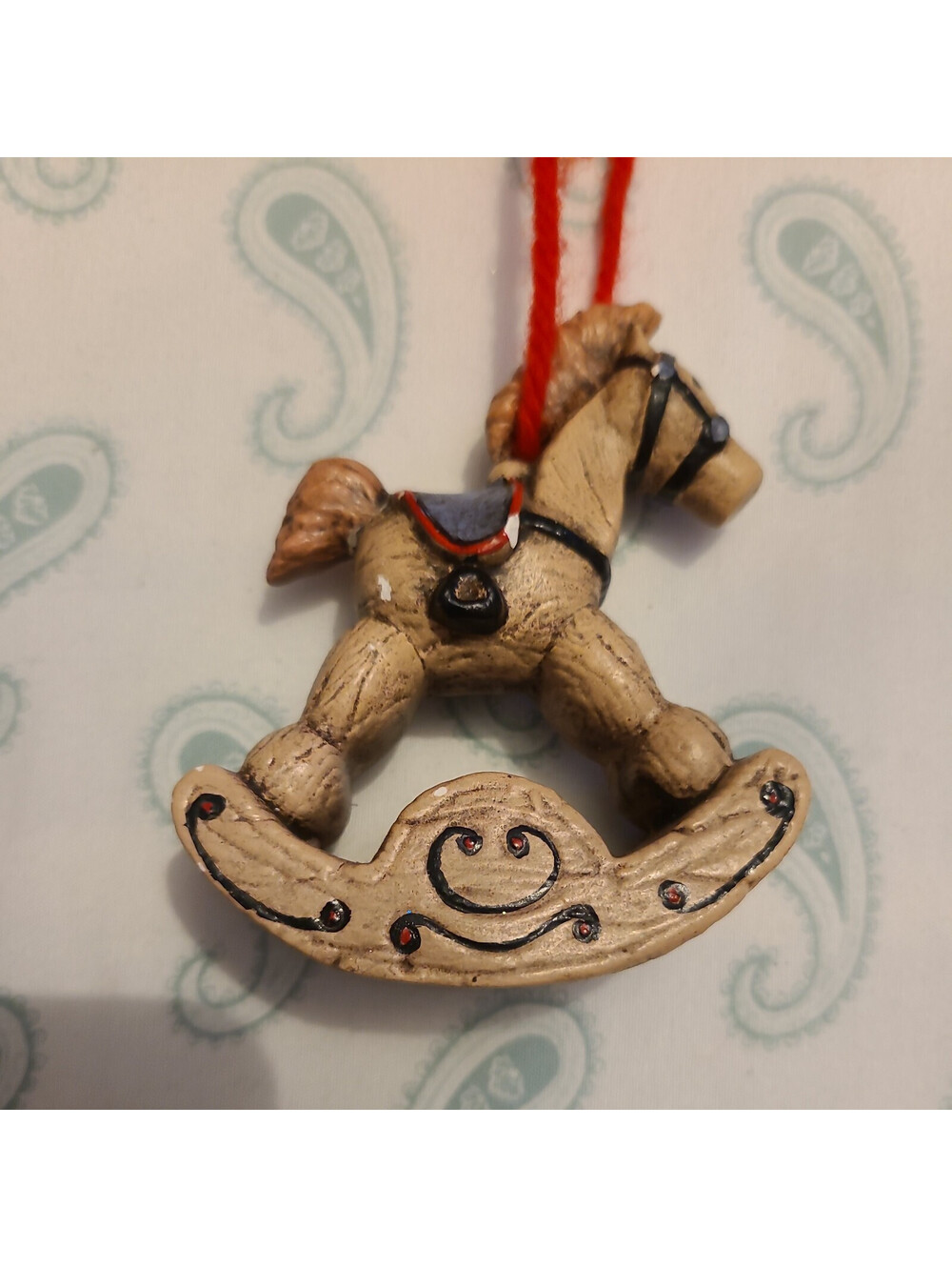 Vintage beige Cream Ceramic Rocking Horse Christmas Ornament Figurine ~4x3”